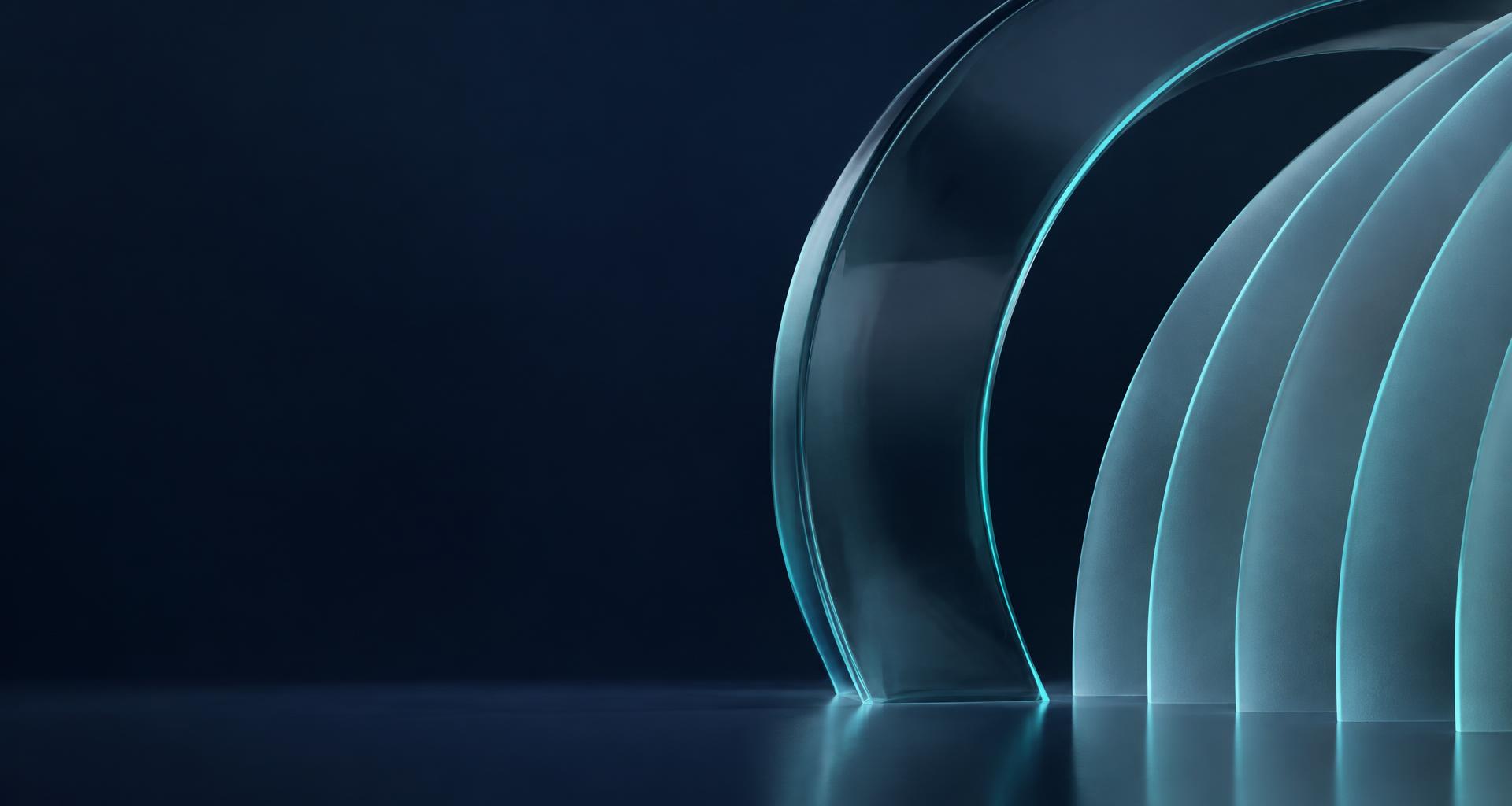 Sculptural glass arches with softly illuminated teal edges
